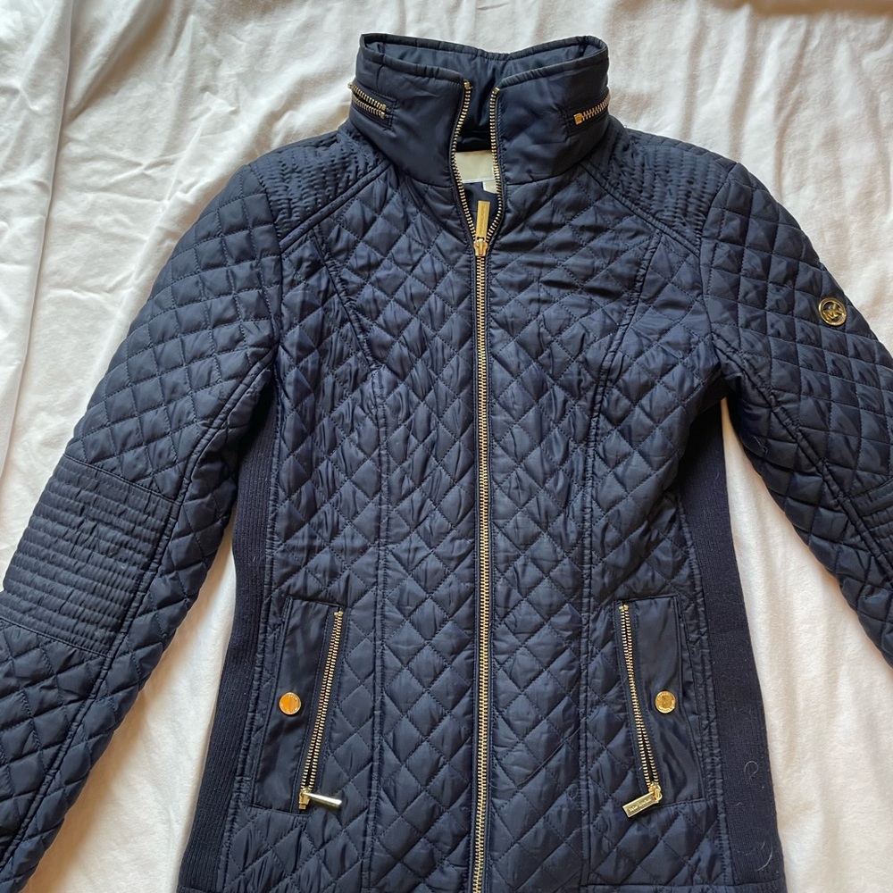 Michael Michael Kora navy puffy jacket with hidden hood